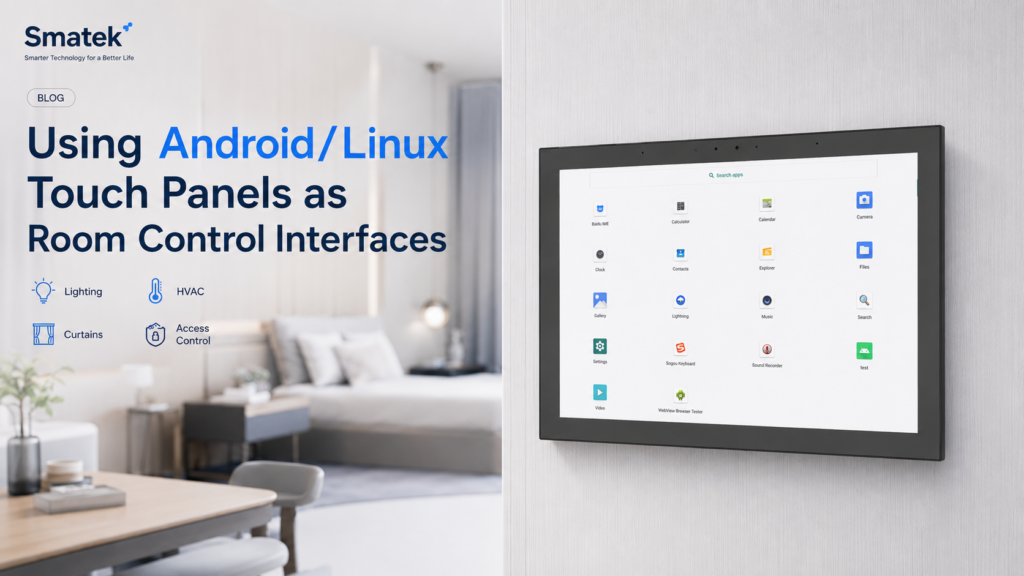 Smatek wall-mounted Android Linux touch panel used as a room control interface for lighting HVAC curtains scenes and access control