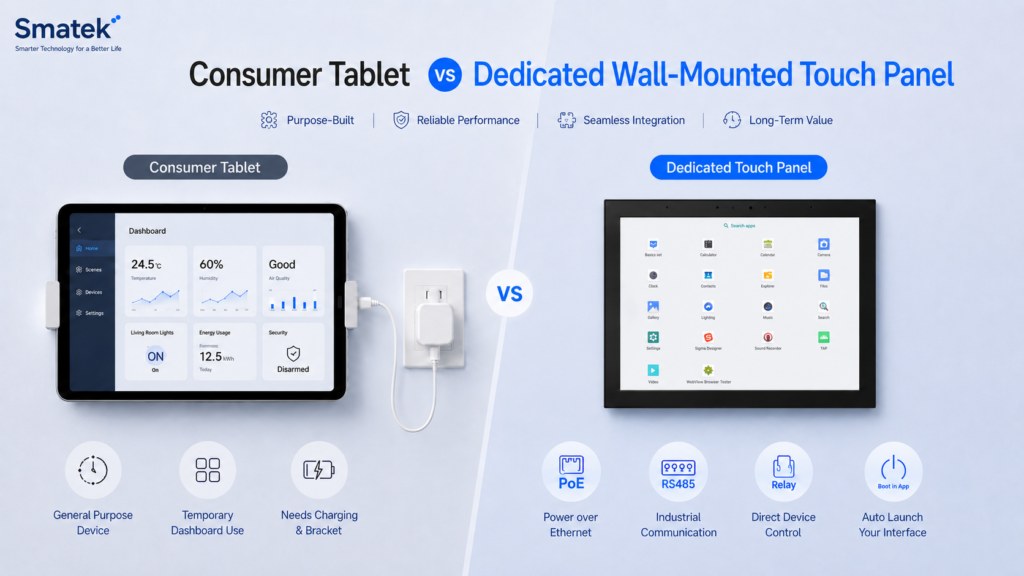 Comparison between a consumer tablet and a dedicated Smatek wall-mounted touch panel for smart home and building automation projects