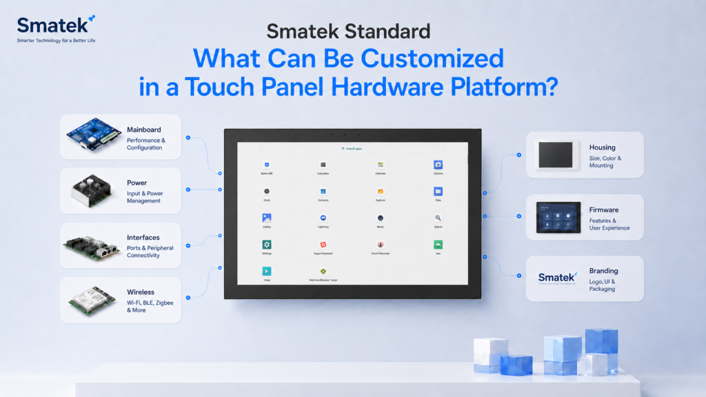 Smatek wall-mounted touch panel showing customizable hardware platform options including mainboard power interfaces wireless housing firmware and branding