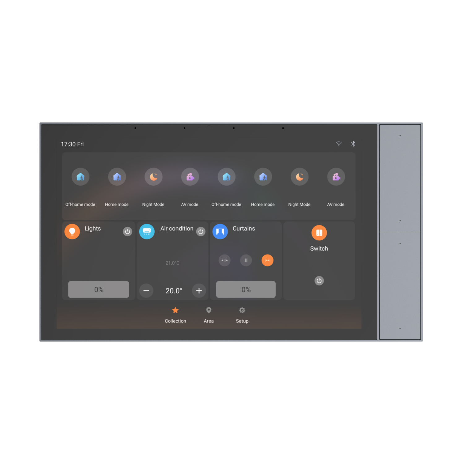 S9KE 10-inch KNX wall-mounted touch panel with Smatek KNX software and side physical buttons.